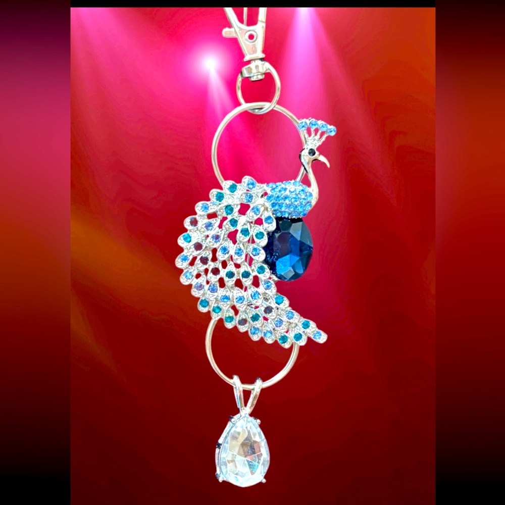 Sparkling Blue, green, and Silver Peacock  Keychain / bag charm NWT